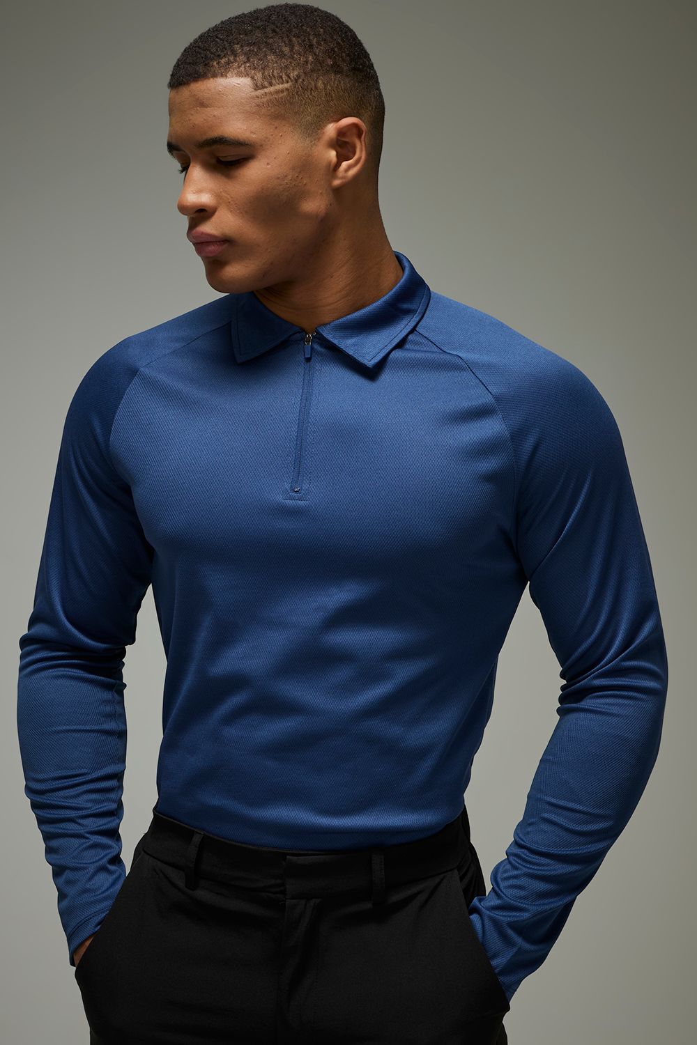 Man Active langärmliges Golf-Poloshirt - Blau - S, Blau von boohooman