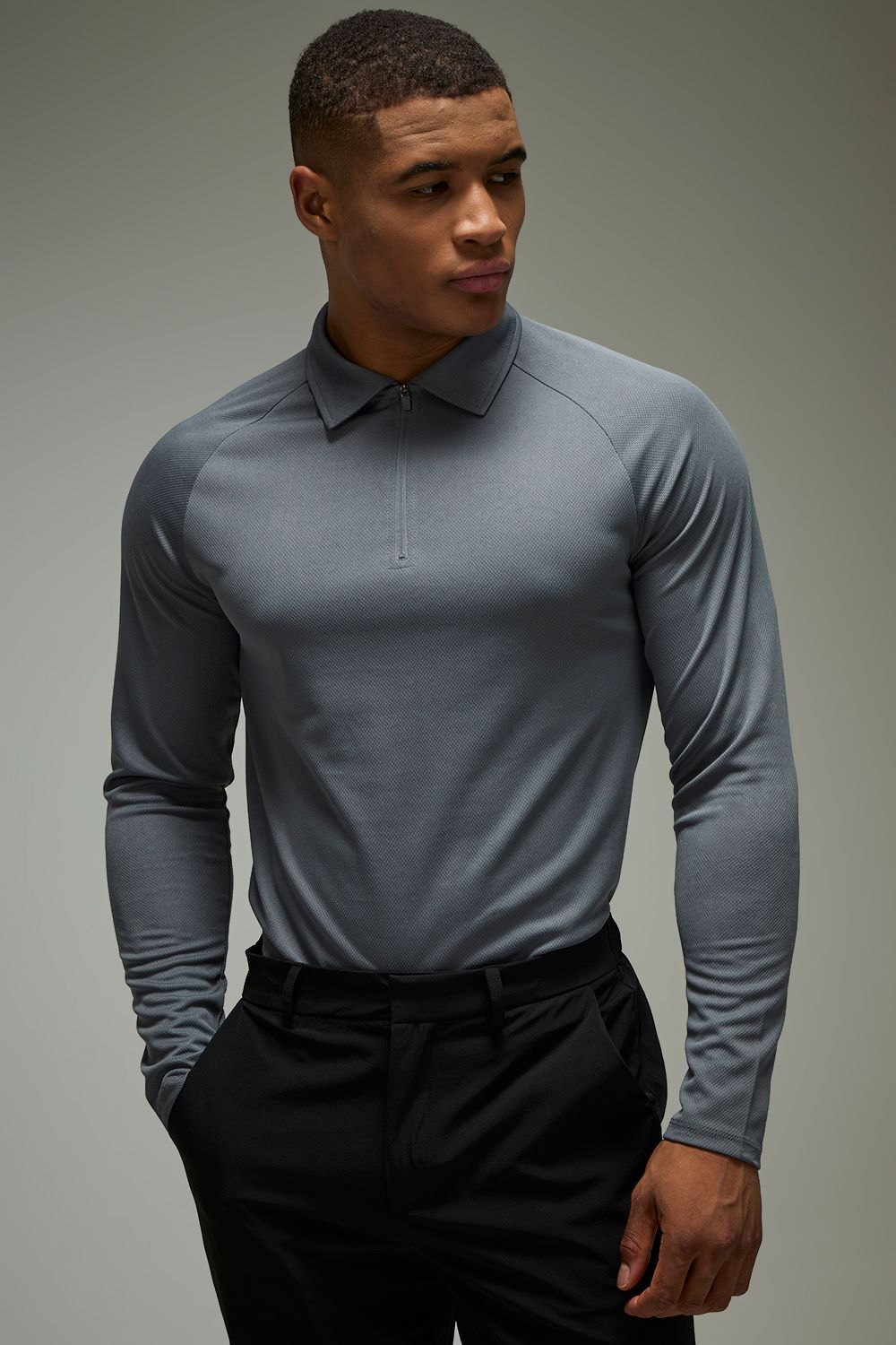 Man Active langärmliges Golf-Poloshirt - Grau - 2XL, Grau von boohooman