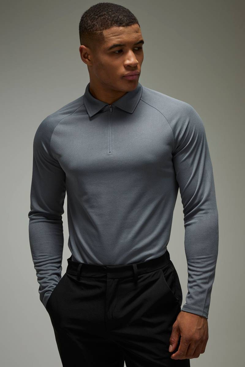 Man Active langärmliges Golf-Poloshirt - Grau - 2XL, Grau von boohooman