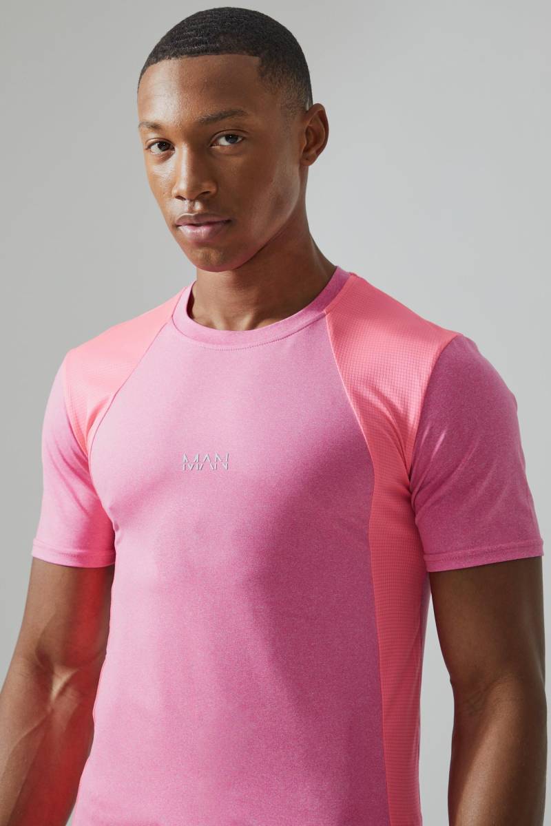 Man Active Muscle Fit Mesh Colorblock T-Shirt - Rosa - L, Rosa von boohooman