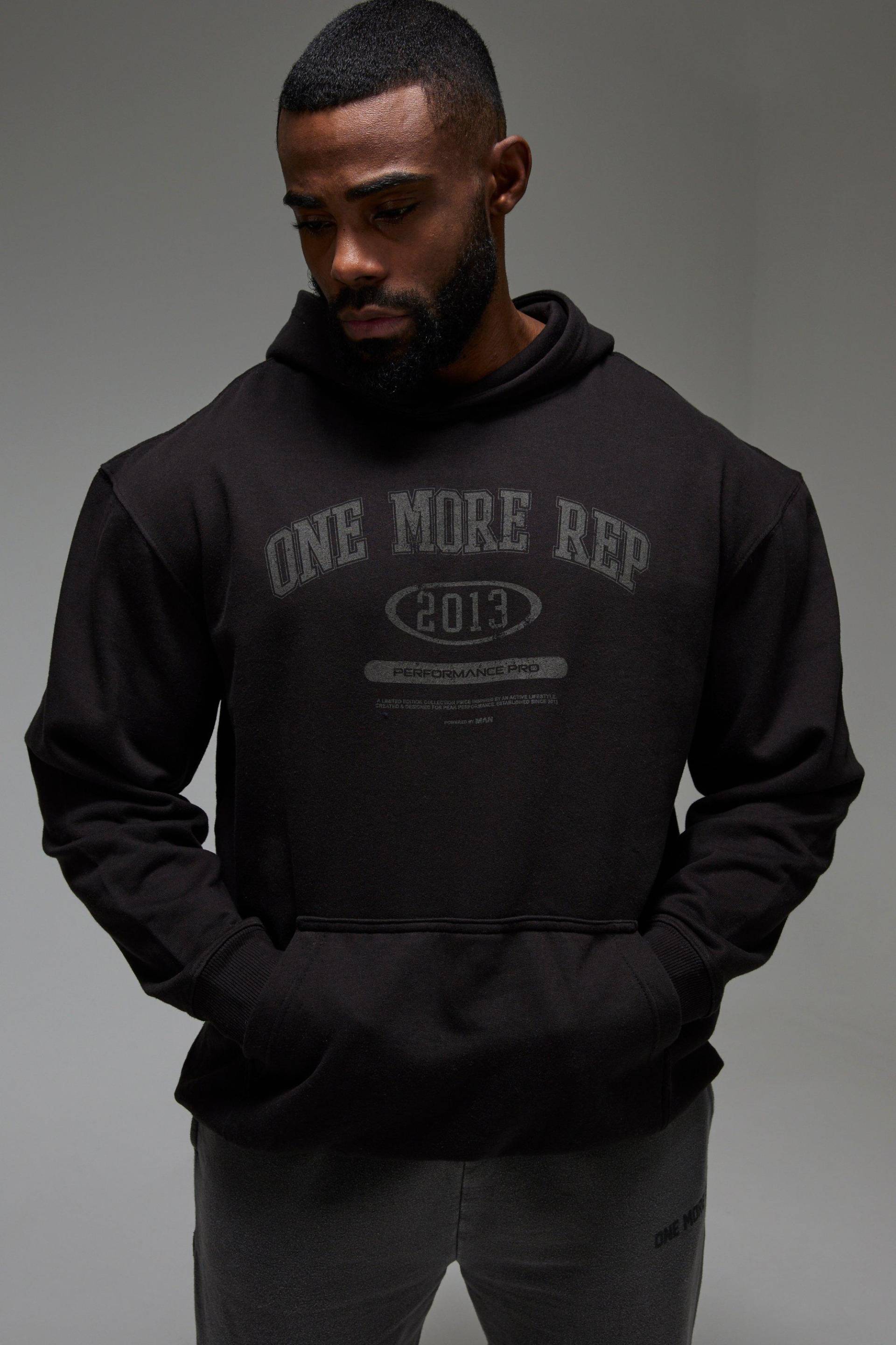 Man Active Oversize Hoodie mit One More Rep Print - Schwarz - M, Schwarz von boohooman