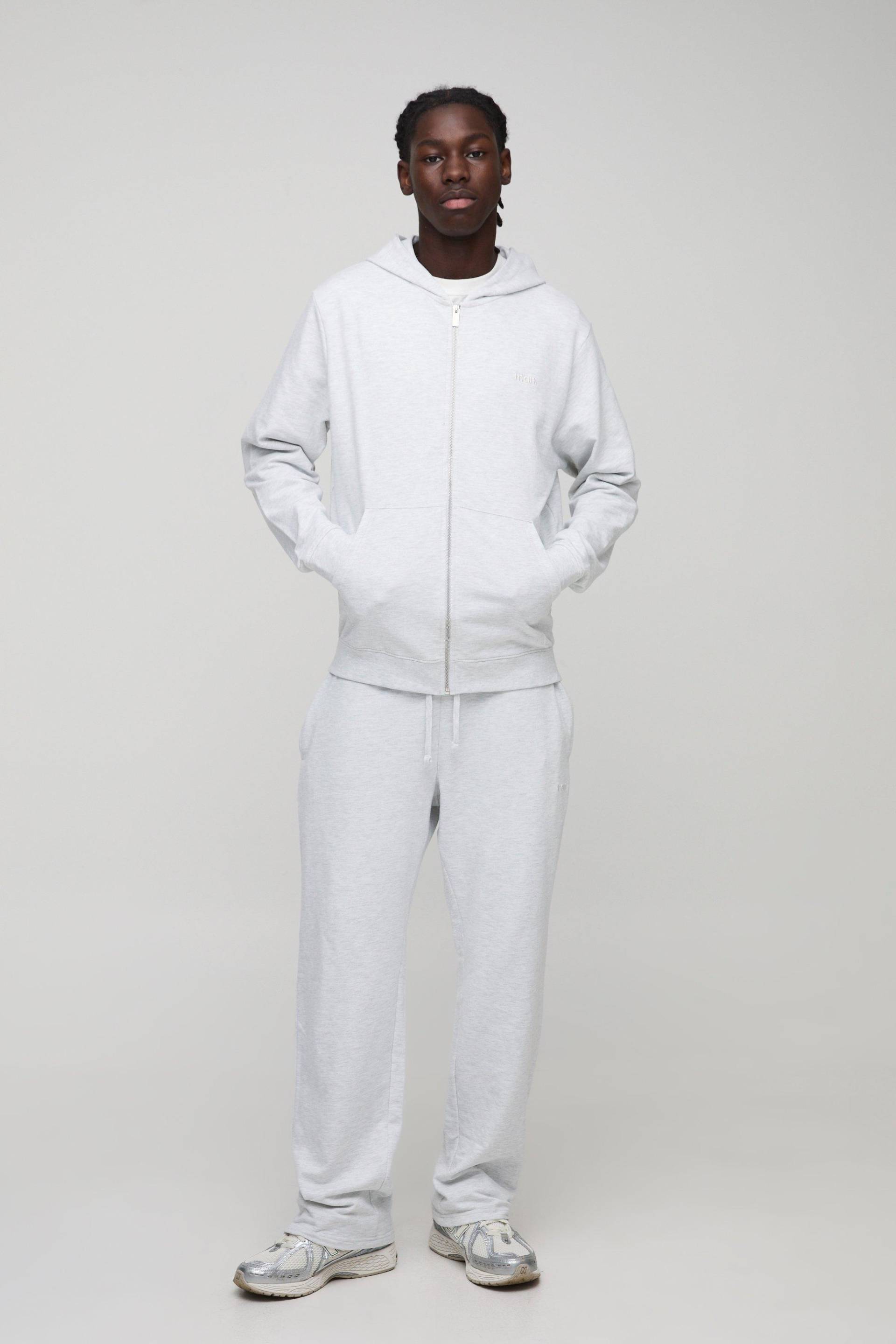 Man Basic Lightweight Hoodie mit Reißverschluss & Jogginghose mit geradem Bein - Grau - XS, Grau von boohooman