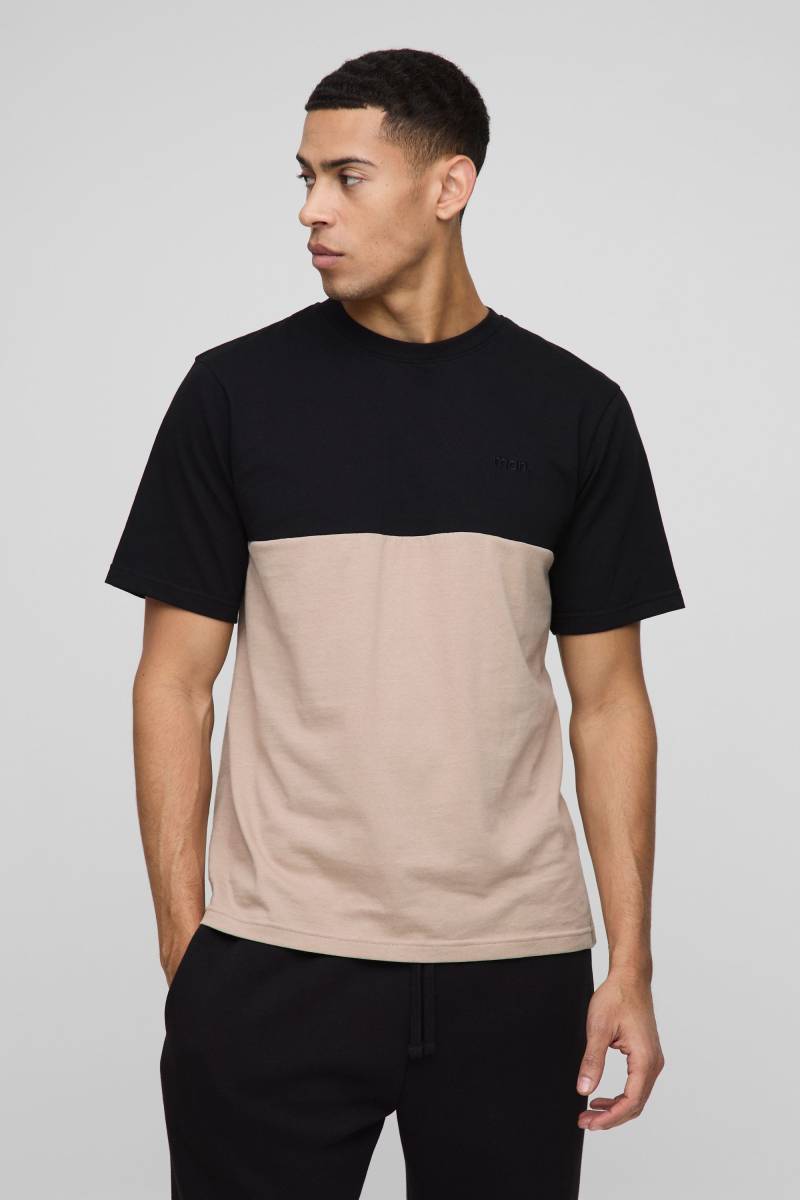Man Colorblock T-Shirt - Taupe - XS, Taupe von boohooman