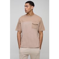 Man Colorblock T-Shirt mit Tasche - Taupe - M, Taupe von boohooman