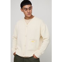 Lockerer kastiger Strick-Cardigan mit Man-Stickerei - Ecru - M, Ecru von boohooman