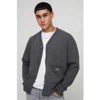 Man Embroidered Relaxed Boxy Fit Knitted Cardigan - Grau - M, Grau von boohooman