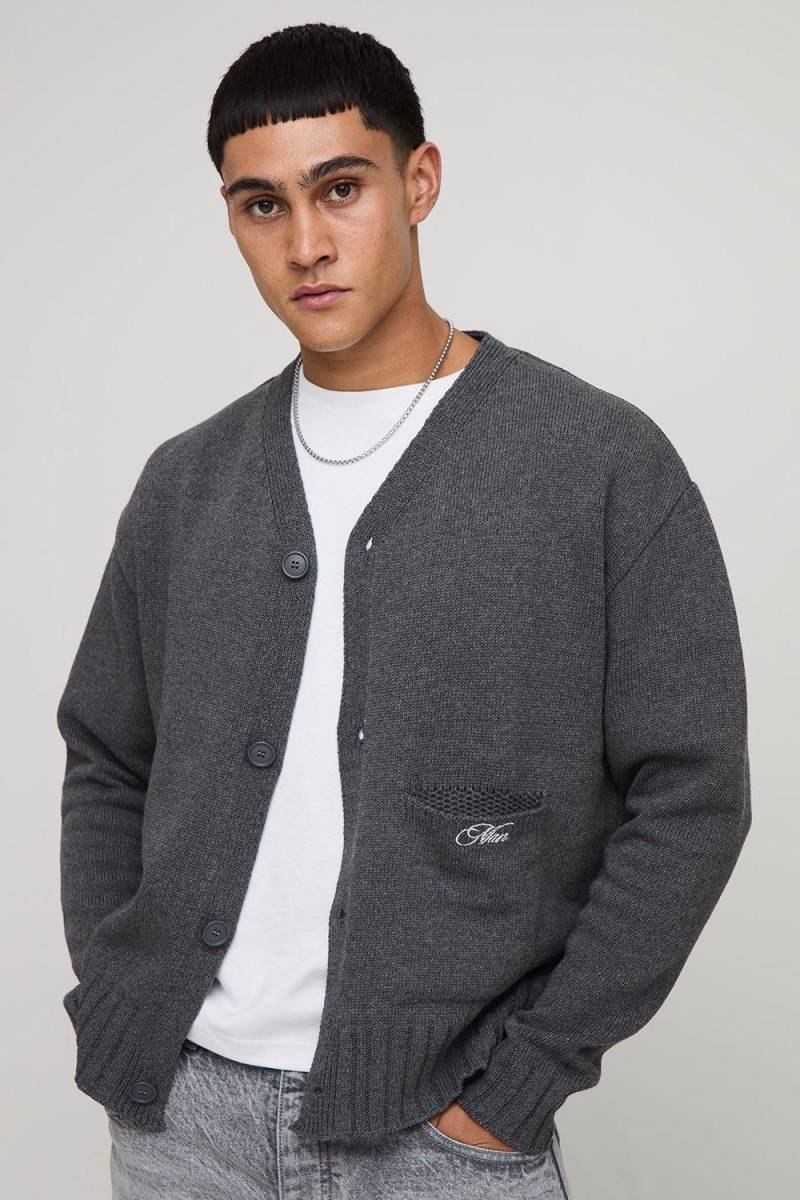Man Embroidered Relaxed Boxy Fit Knitted Cardigan - Grau - M, Grau von boohooman