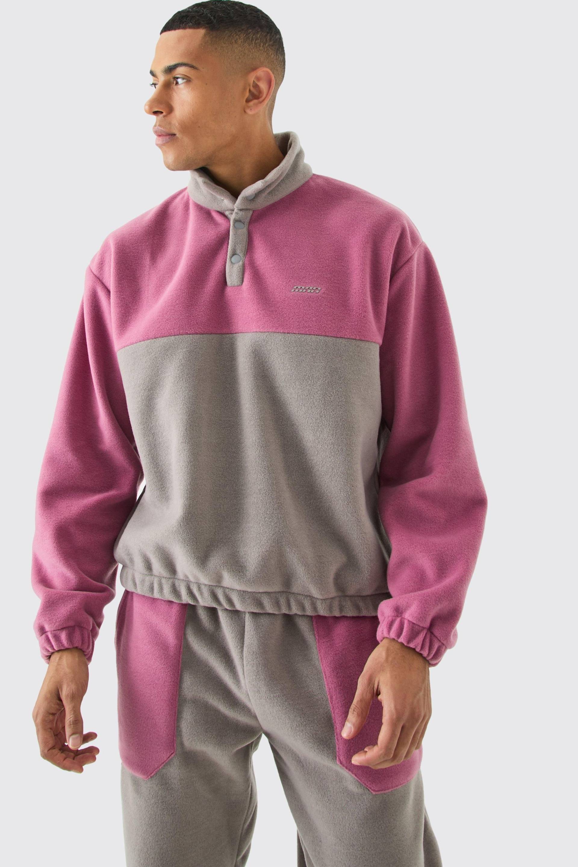 Man Oversize Colorblock Fleece-Trainingsanzug mit Druckknöpfen von boohooman