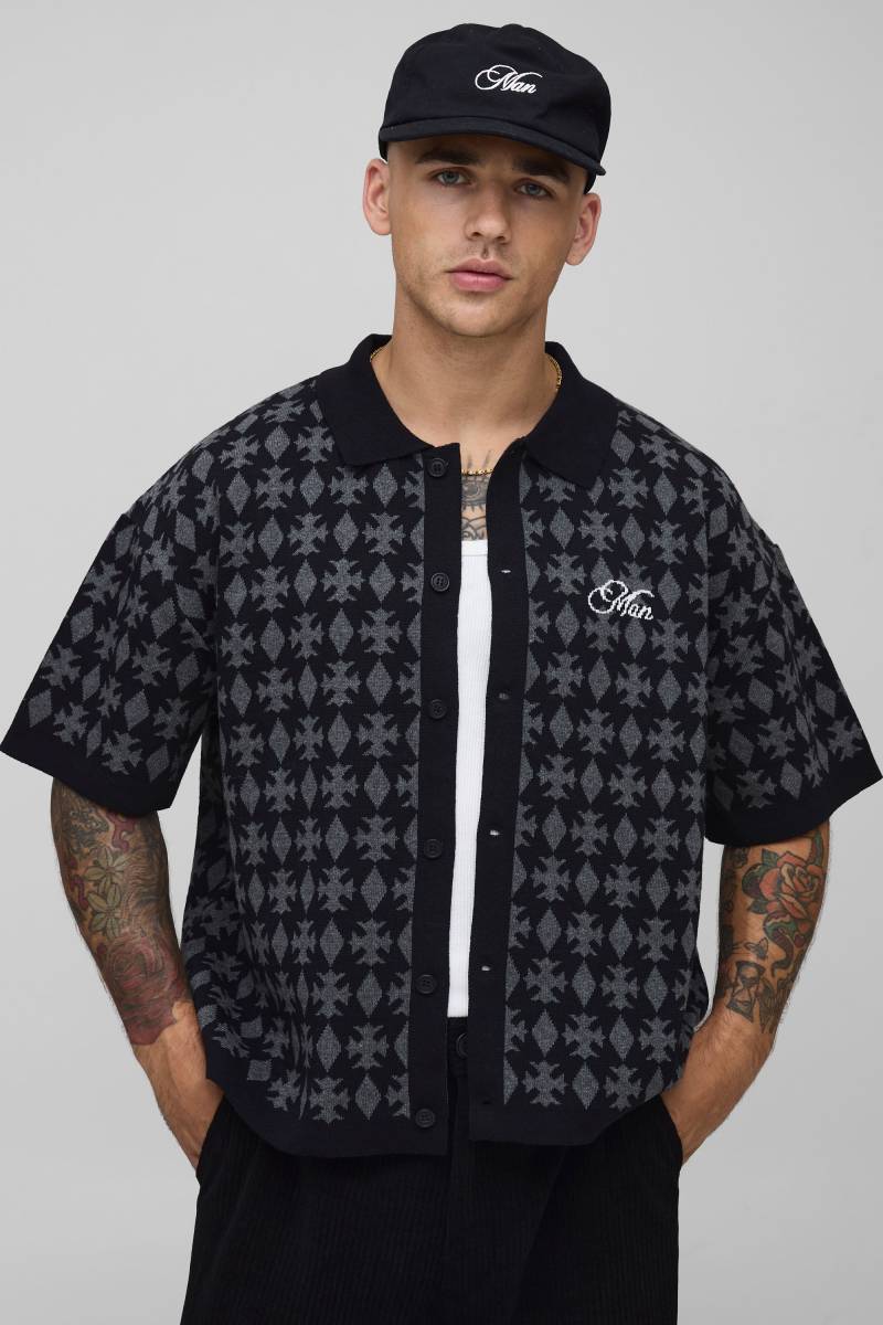 Kastiges Oversize Man Jacquard-Hemd - Schwarz - M, Schwarz von boohooman