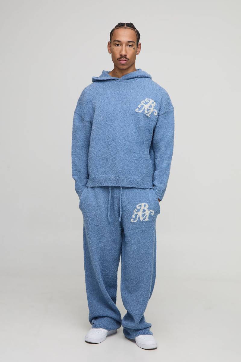 Man Oversized Boxy Hooded Boucle Knitted Tracksuit - Blau - S, Blau von boohooman
