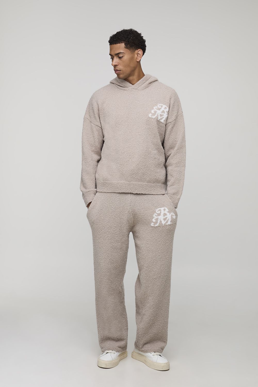 Man Oversized Boxy Hooded Boucle Knitted Tracksuit - Taupe - L, Taupe von boohooman