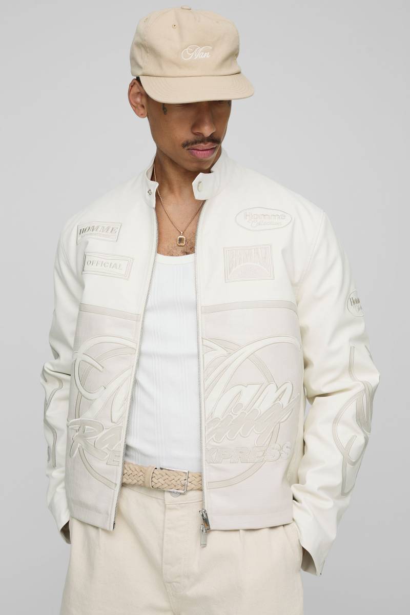 Man Racing PU-Bikerjacke - Weiß - M, Weiß von boohooman