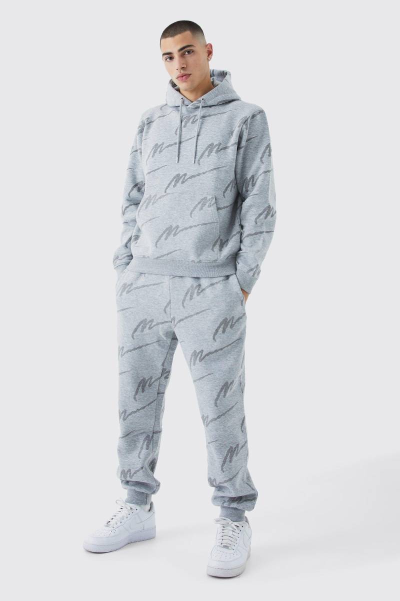Man Signature Hoodie-Trainingsanzug mit Print - Grau - L, Grau von boohooman