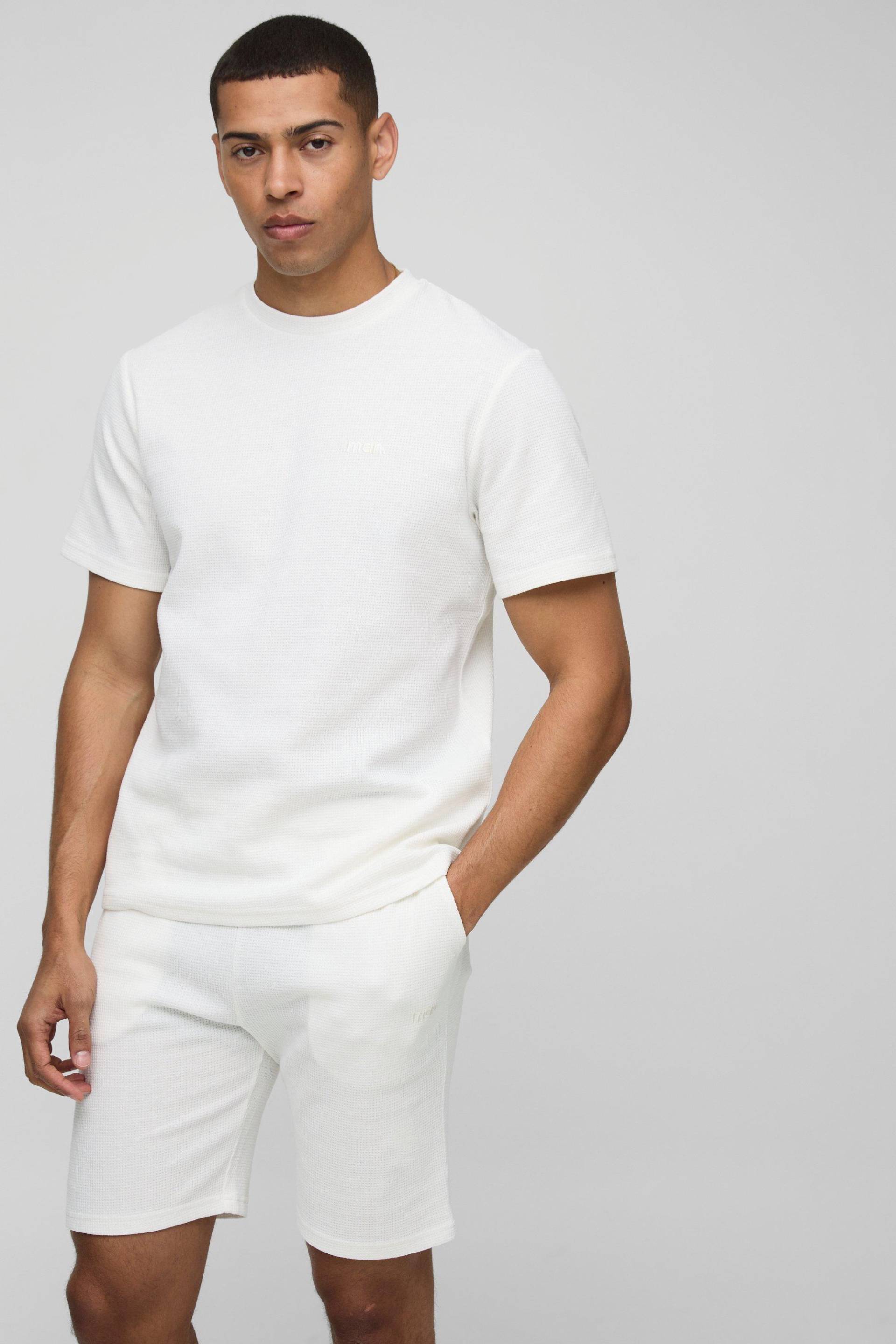 Man T-Shirt & Shorts in Waffeloptik - Ecru - L, Ecru Man T-Shirt & Shorts in Waffeloptik - Ecru - L, Ecru von boohooman