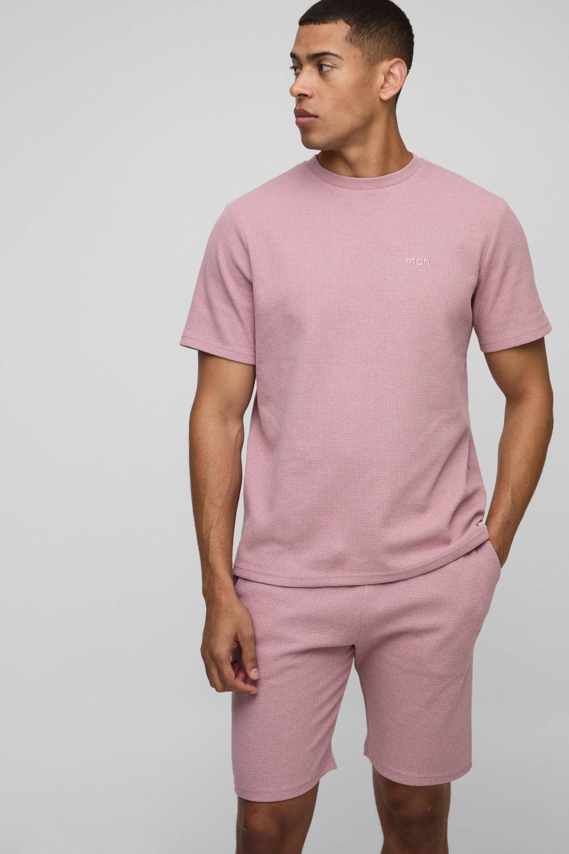 Man T-Shirt & Shorts in Waffeloptik - Rosa - XL, Rosa Man T-Shirt & Shorts in Waffeloptik - Rosa - XL, Rosa von boohooman