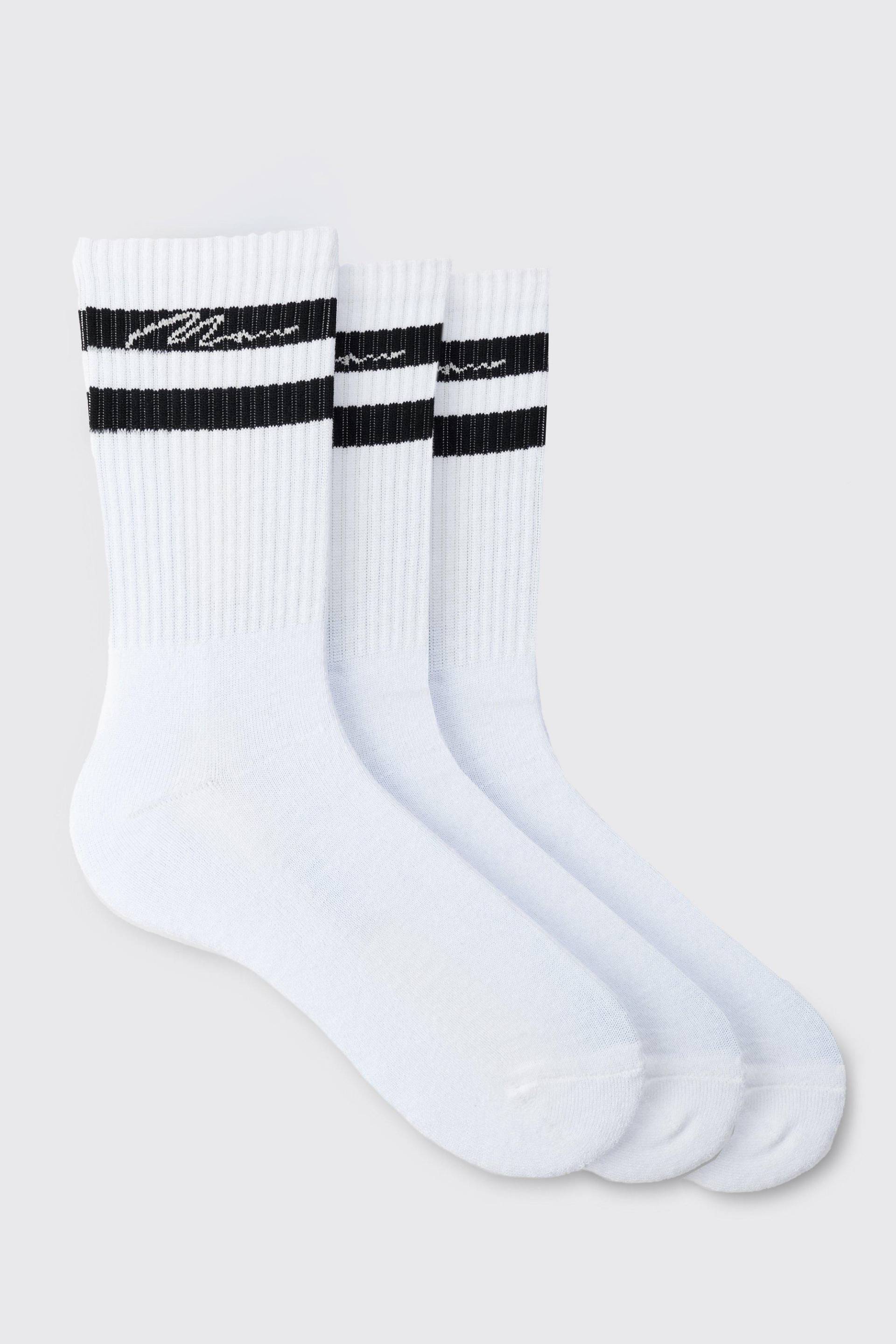 Mens 3 Pack Man Signature Sports Stripe Socks In White - Weiß - ONE SIZE, Weiß von boohooman