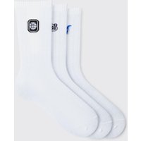 Mens 3 Pack Varsity Embroidered Socks - Weiß - ONE SIZE, Weiß von boohooman