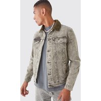 Mens Dunkelgrüne Cord-Jacke mit Acid-Waschung und Borg-Kragen - S, Grün von boohooman