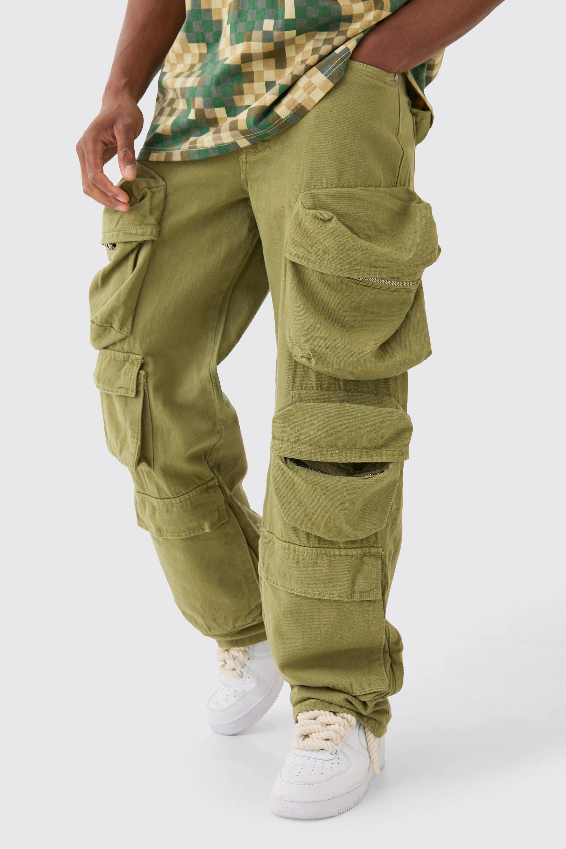 Mens Baggy Rigid 3d Cargo Pocket Jeans In Antique Blue In Sage - Grün - 32R, Grün von boohooman