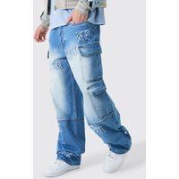Mens Baggy Rigid Bm Applique Multi Pocket Cargo Jeans - Blau - 36R, Blau von boohooman