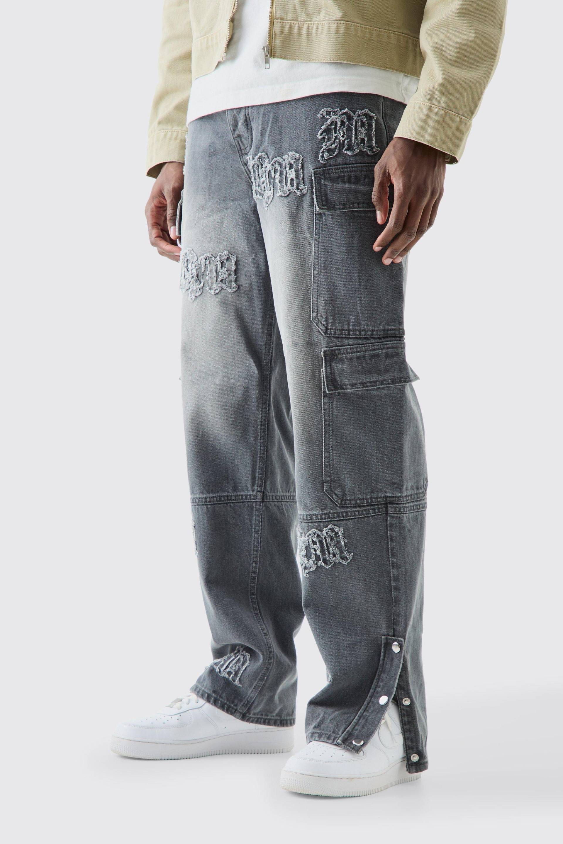 Mens Baggy Rigid Bm Applique Multi Pocket Cargo Jeans In Grey - Grau - 36R, Grau von boohooman
