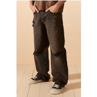 Mens Baggy Rigid Brown Wash Ripped Knee Jeans - Braun - 28R, Braun von boohooman
