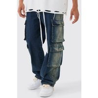 Mens Baggy Rigid Elastic Waist Acid Washed Cargo Jeans In Antique Blue - Blau - 34R, Blau von boohooman