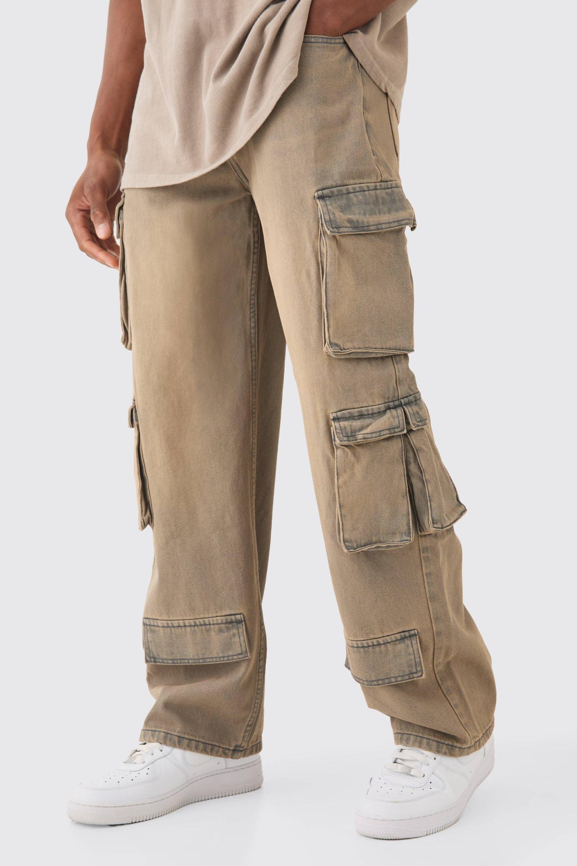 Mens Baggy Rigid Grey Tinted Multi Cargo Pocket Jeans - Grau - 34R, Grau von boohooman