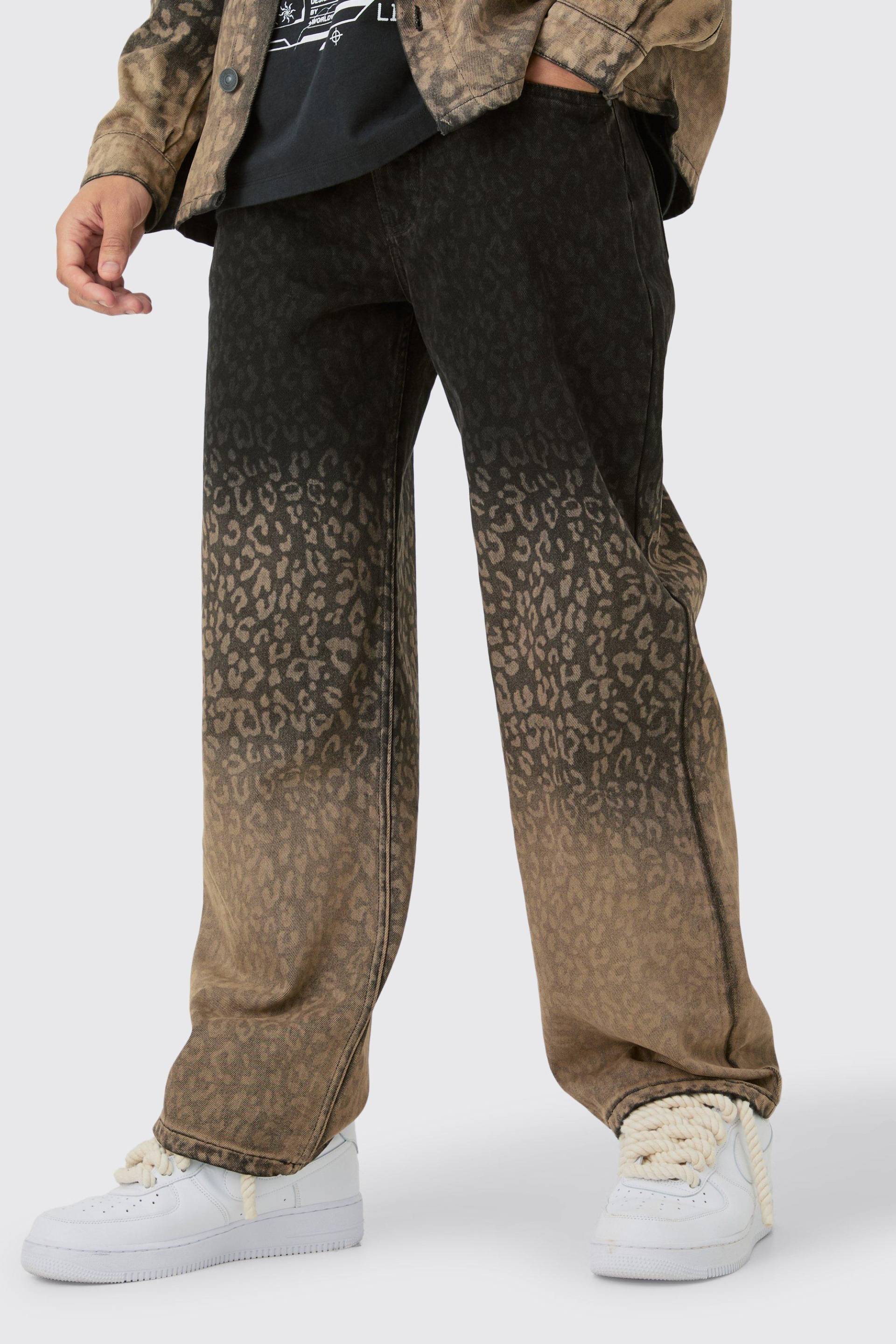 Mens Baggy Rigid Leopard Print Jeans In Tinted Black - Schwarz - 28R, Schwarz von boohooman