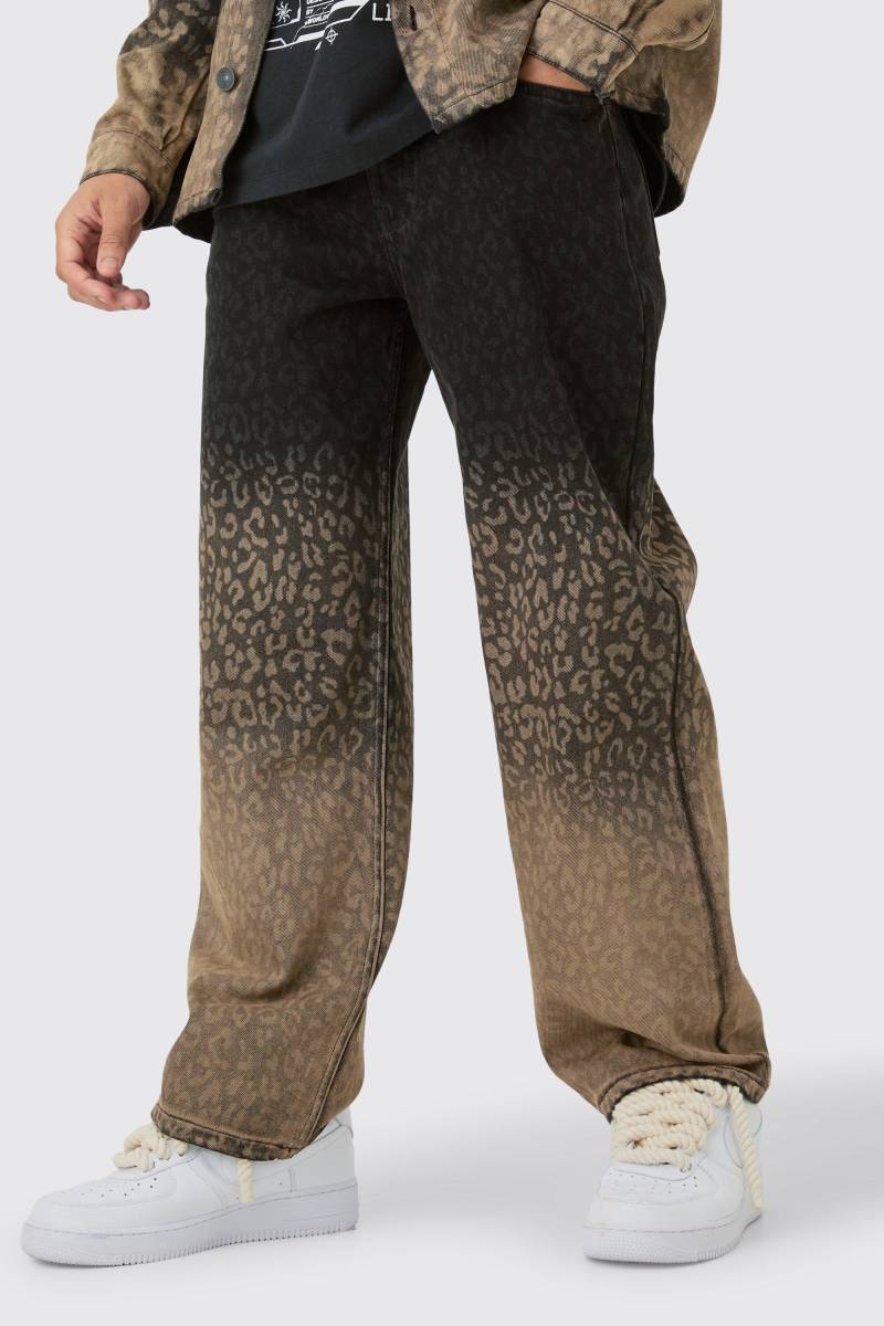 Mens Baggy Rigid Leopard Print Jeans In Tinted Black - Schwarz - 30R, Schwarz von boohooman