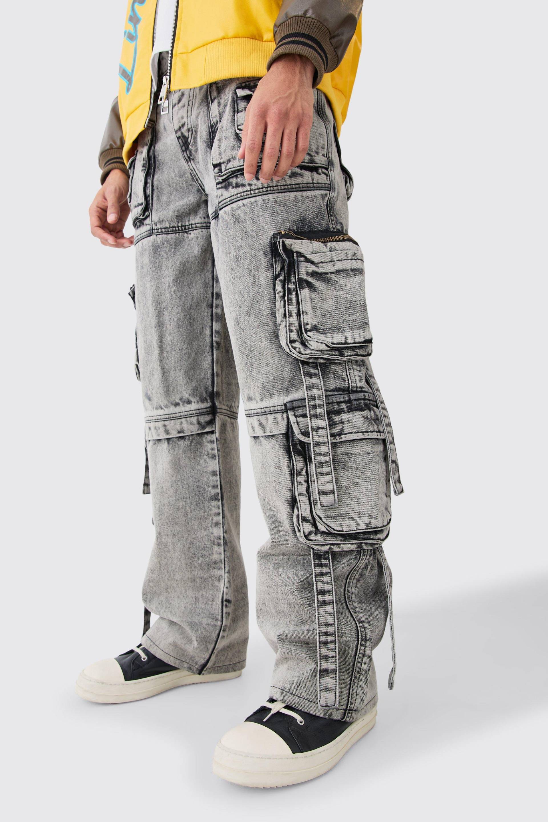 Mens Baggy Rigid Multi Cargo Pocket Strap Detail Acid Wash Jeans - Grau - 36R, Grau von boohooman