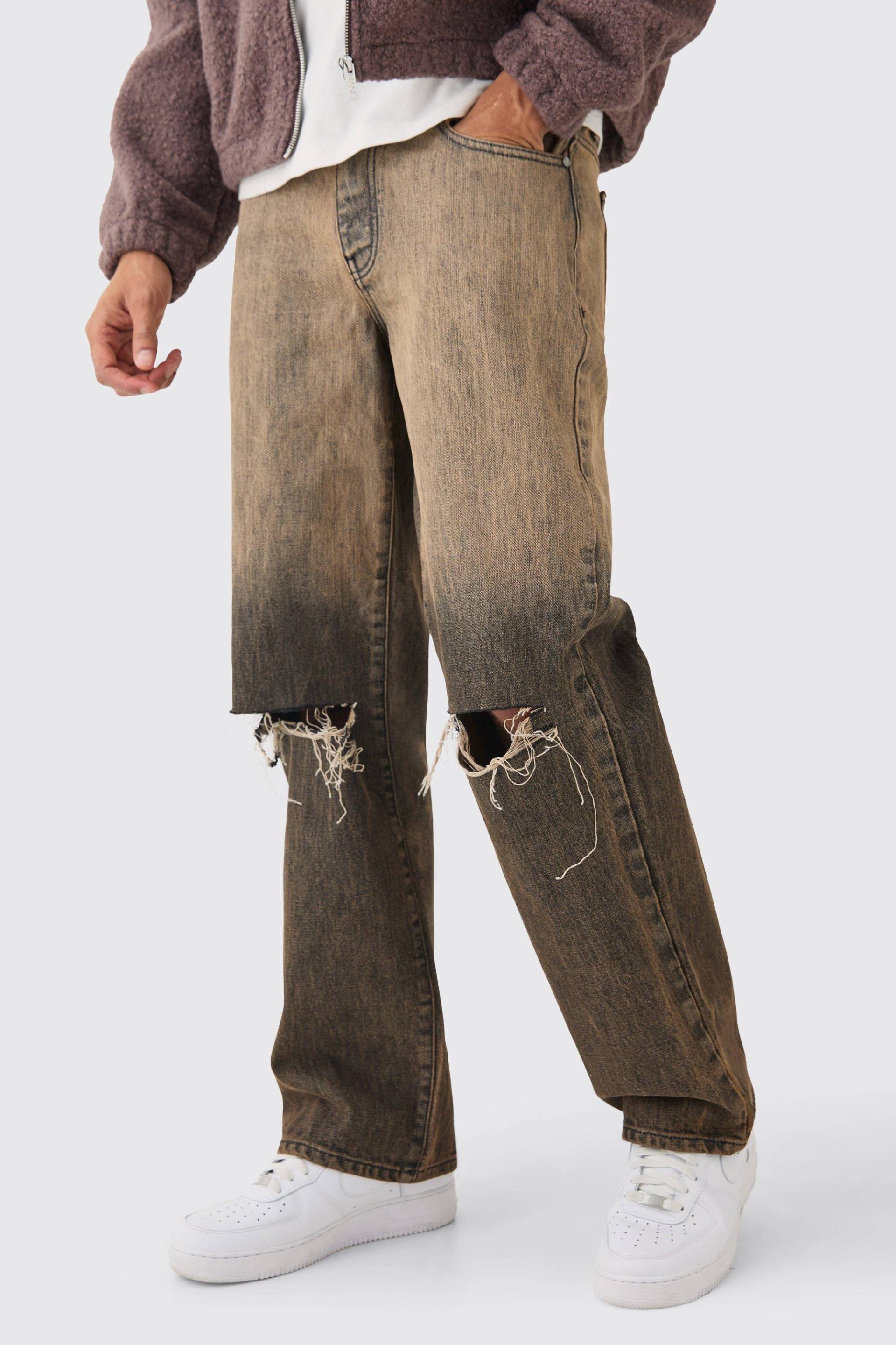 Mens Baggy Rigid Ripped Knee Jeans In Brown - Braun - 36R, Braun von boohooman