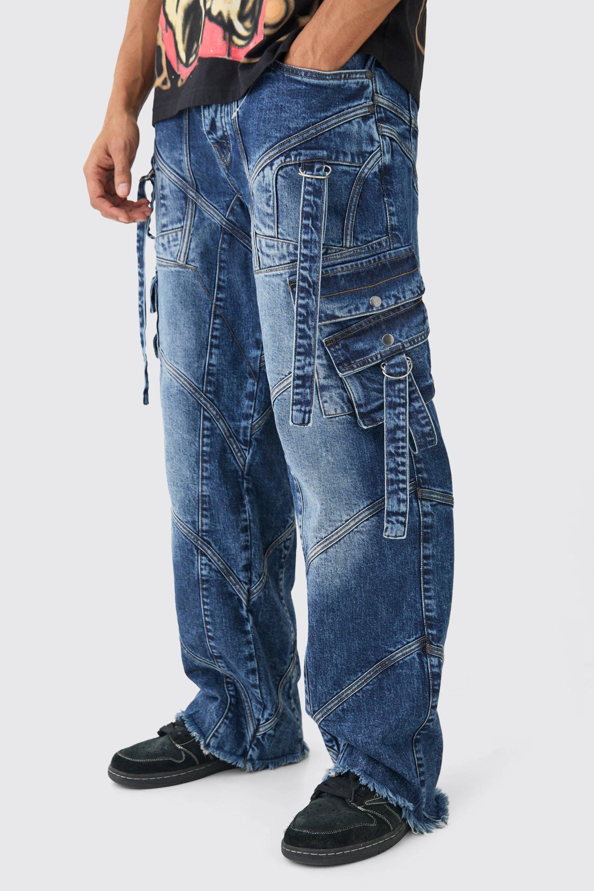 Mens Baggy Rigid Strap And Buckle Detail Jeans In Light Blue - Indigo - 36R, Indigo von boohooman