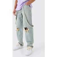 Mens Baggy Rigid Strap Detail Ripped Knee Jeans In Antique Blue - Blau - 28R, Blau von boohooman