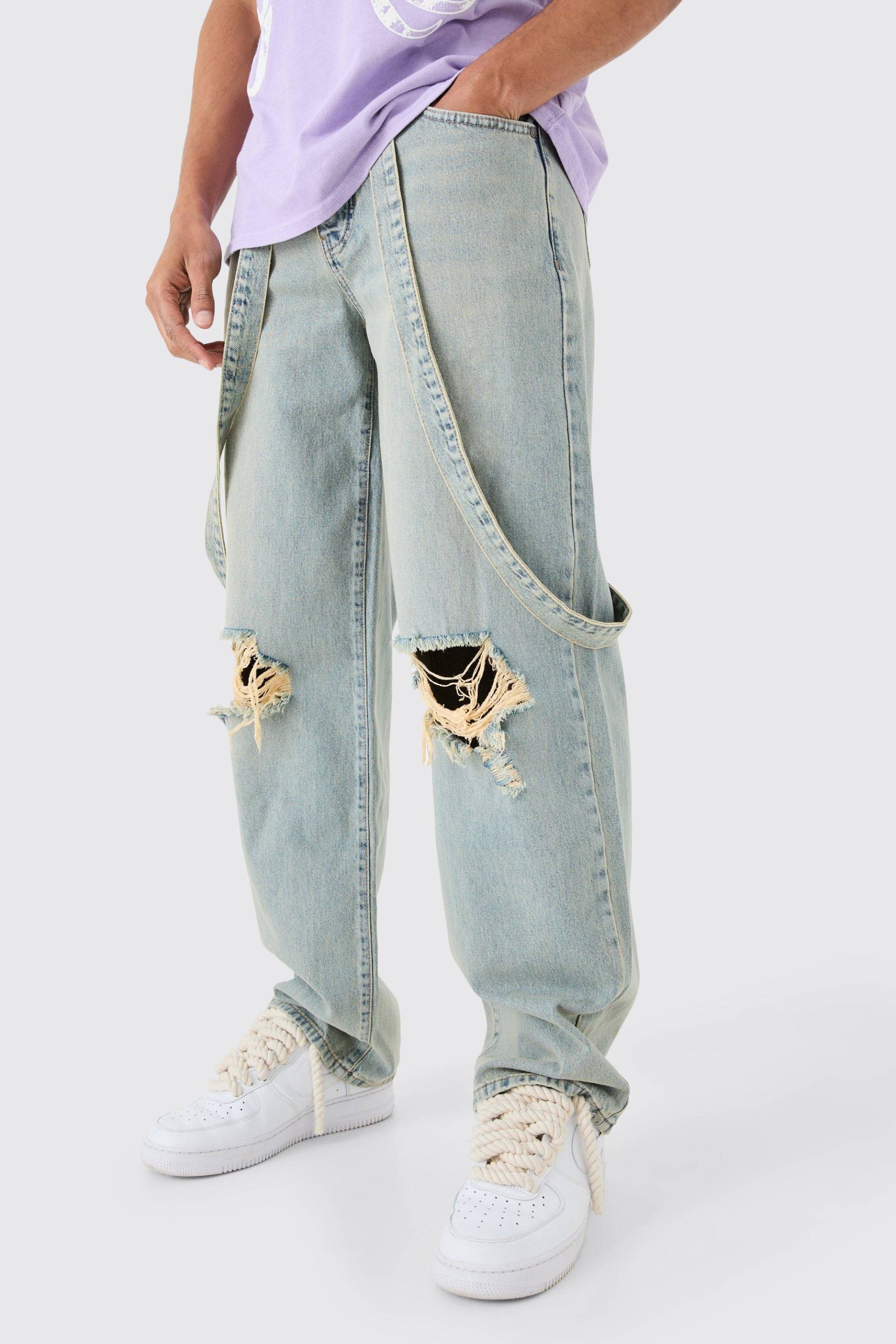 Mens Baggy Rigid Strap Detail Ripped Knee Jeans In Antique Blue - Blau - 28R, Blau von boohooman