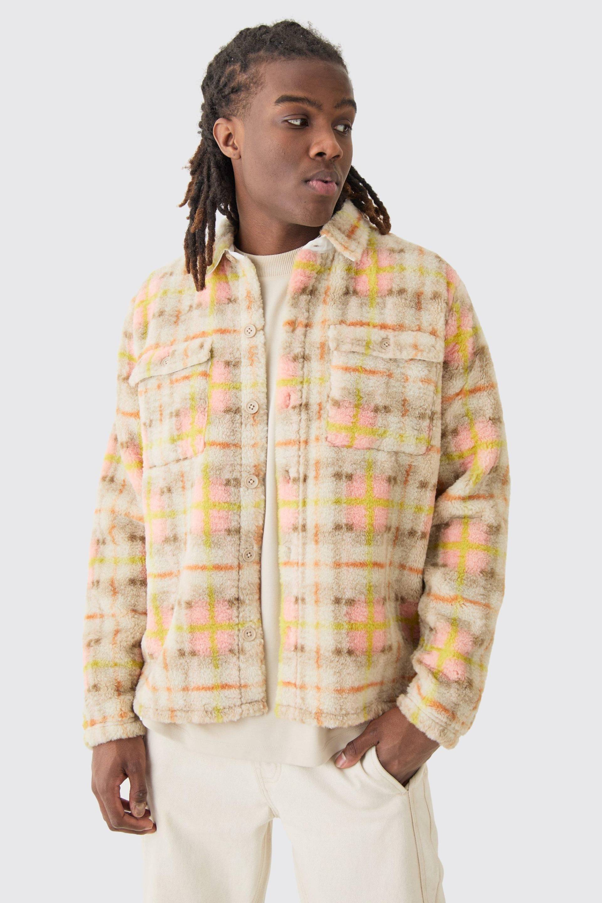 Mens Borg Patch Pocket Pastel Check Overshirt - Ecru - L, Ecru von boohooman