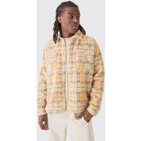 Mens Borg Patch Pocket Pastel Check Overshirt - Ecru - M, Ecru von boohooman