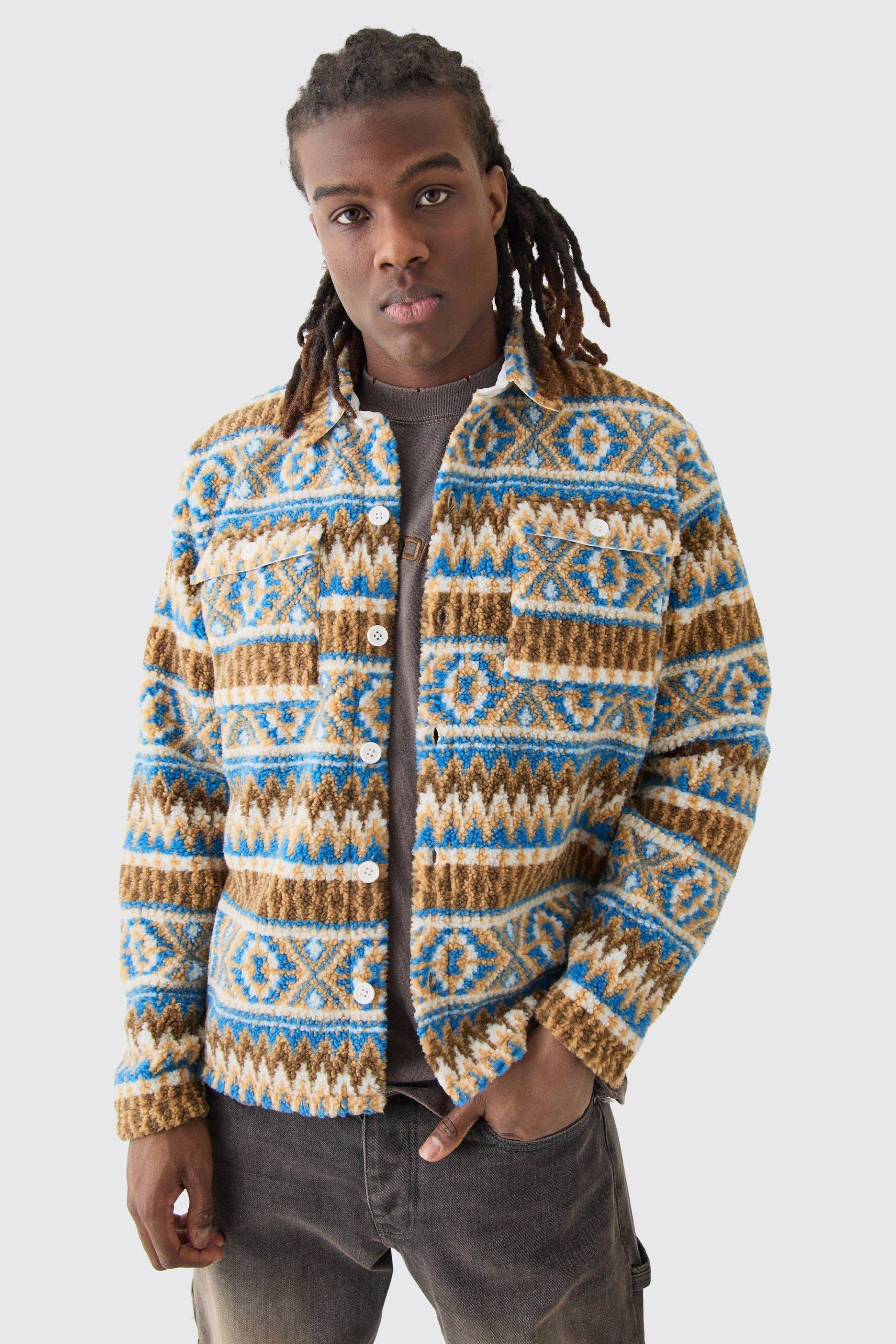 Mens Borg Patch Pocket Stripe Aztec Overshirt - Gelb - L, Gelb von boohooman