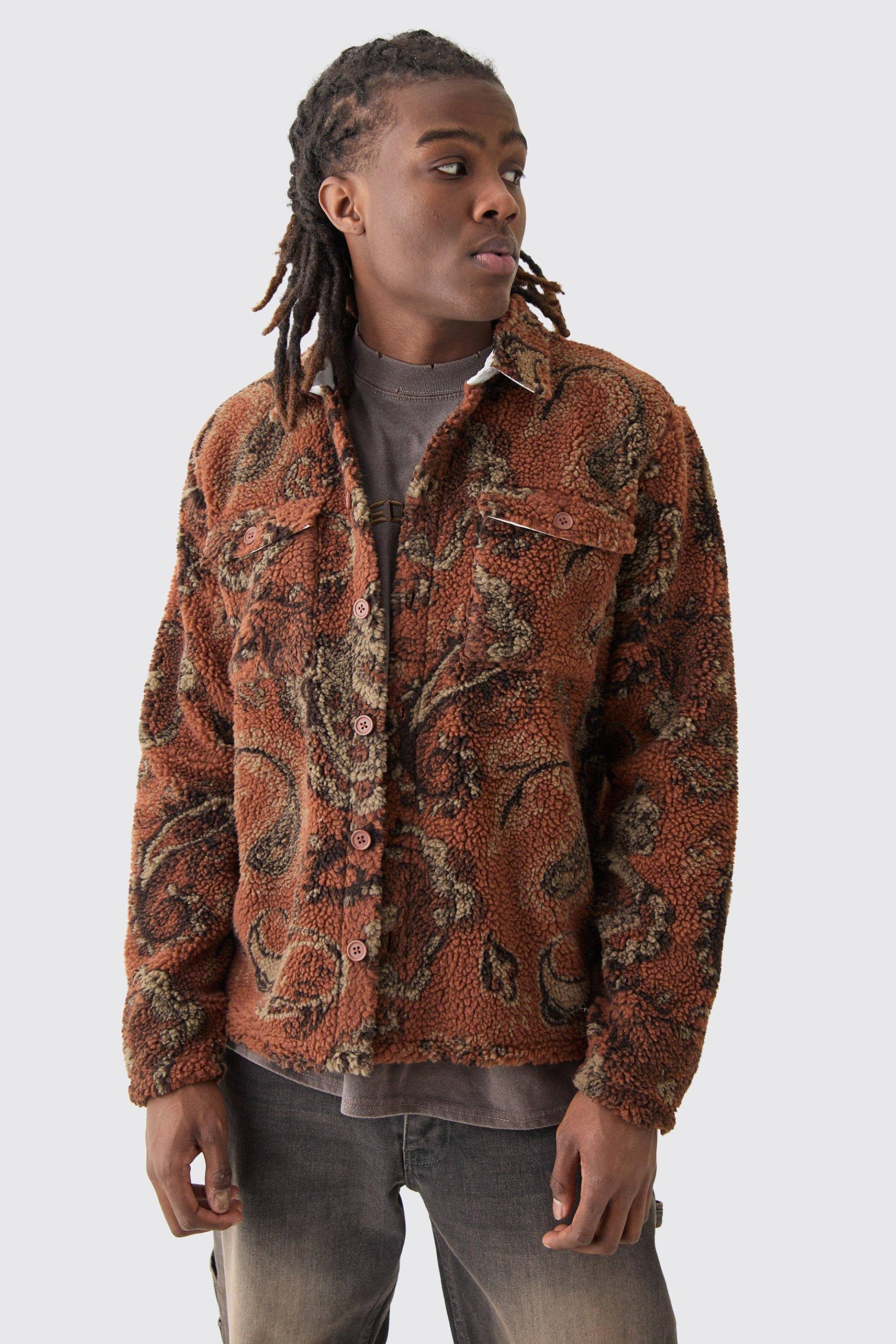 Mens Borg Patch Pocket Tonal Paisley Overshirt - Braun - M, Braun von boohooman