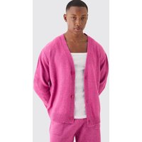 Mens Boxy Brushed Knit Cardigan In Dark Pink - Rosa - L, Rosa von boohooman