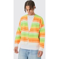 Mens Boxy Brushed Striped Cardigan In Orange - XL, Orange von boohooman