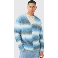 Mens Boxy Fit Knitted Brushed Stripe Cardigan In Blue - Blau - M, Blau von boohooman