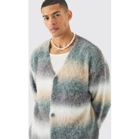 Mens Boxy Fit Knitted Brushed Stripe Cardigan In Sage - Grün - XL, Grün von boohooman