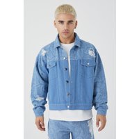 Mens Kastige gespleißte Jeansjacke mit Paisley-Print - Blau - L, Blau von boohooman