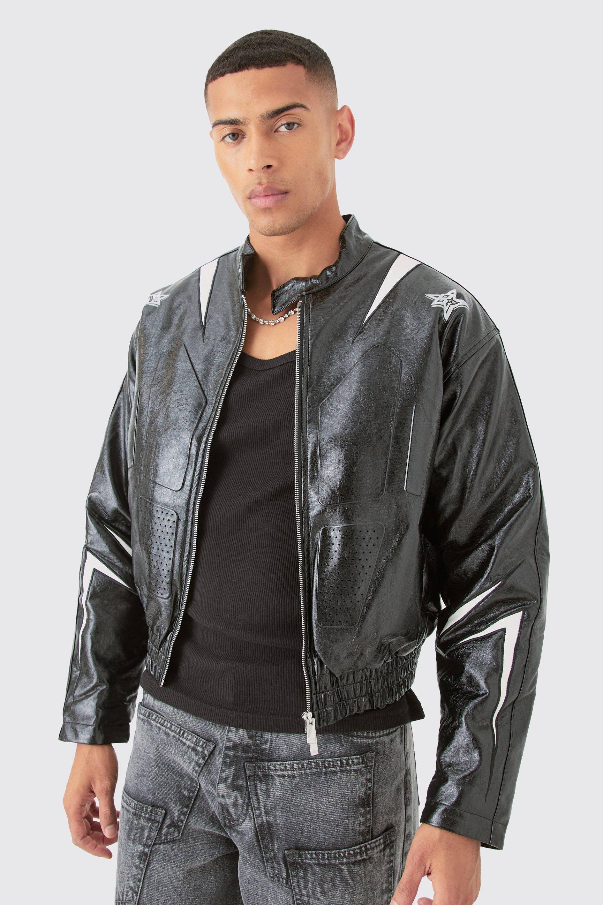 Mens Boxy Fit Pu Panel Moto Bomber - Schwarz - XL, Schwarz von boohooman