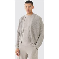 Mens Boxy Fit Ribbed Fisherman Knit Cardigan - Grau - L, Grau von boohooman