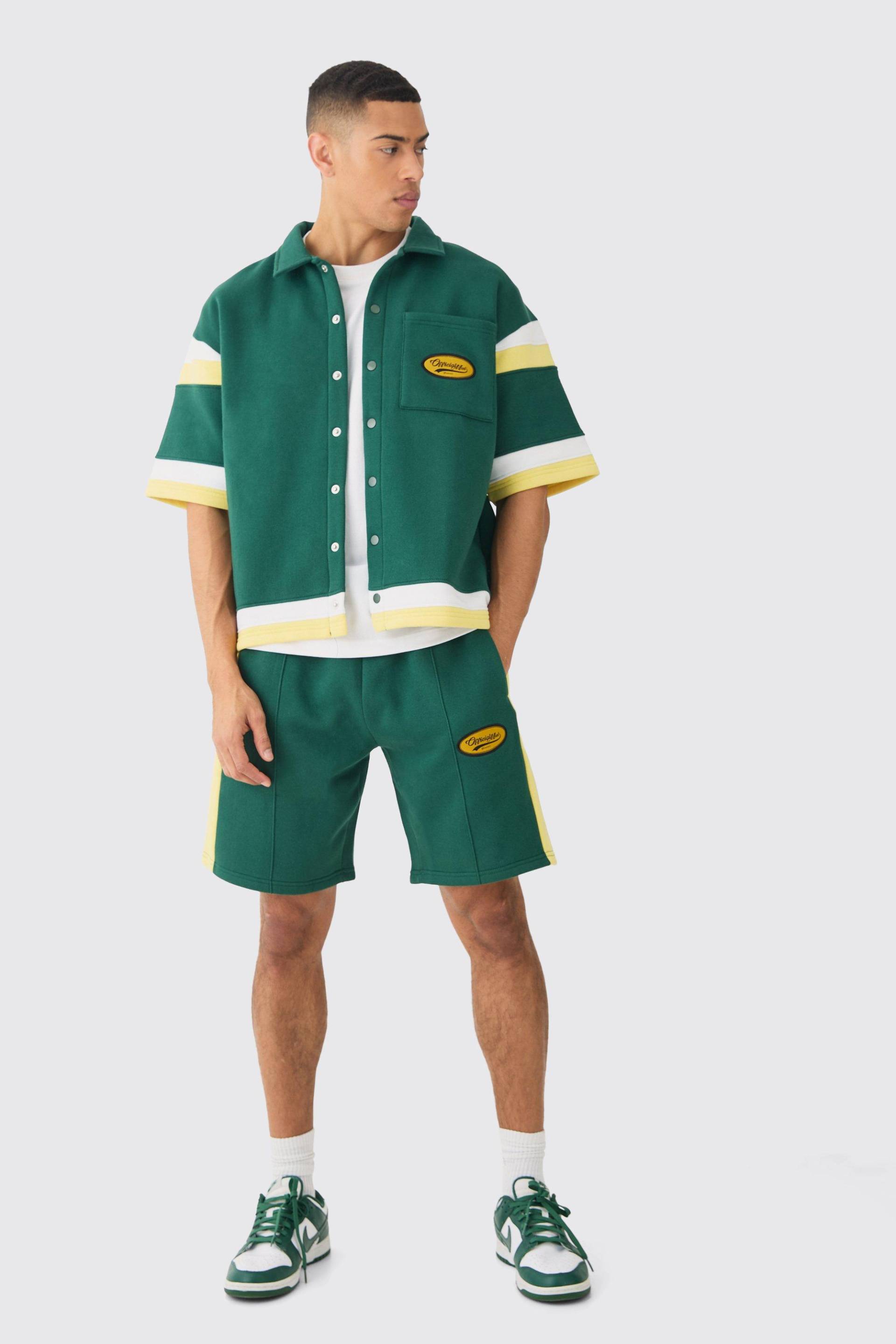 Mens Boxy Fit Varsity Shirt Short Tracksuit - Grün - XL, Grün von boohooman