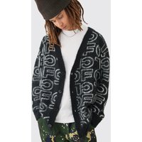 Mens Boxy Fluffy Branded Knitted Cardigan In Black - Schwarz - L, Schwarz von boohooman