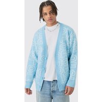 Mens Boxy Fluffy Branded Knitted Cardigan In Blue - Blau - M, Blau von boohooman