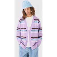 Mens Boxy Fluffy Striped Knitted Cardigan In Lilac - S, Lila von boohooman